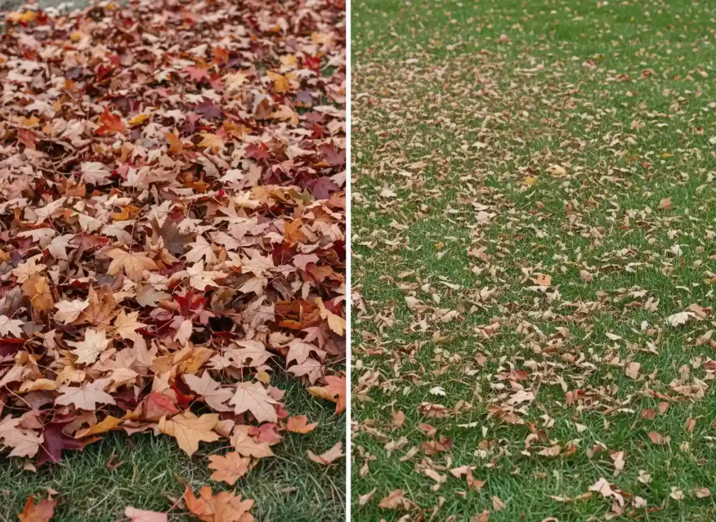 Lawn before and after mulching fall leaves with mower