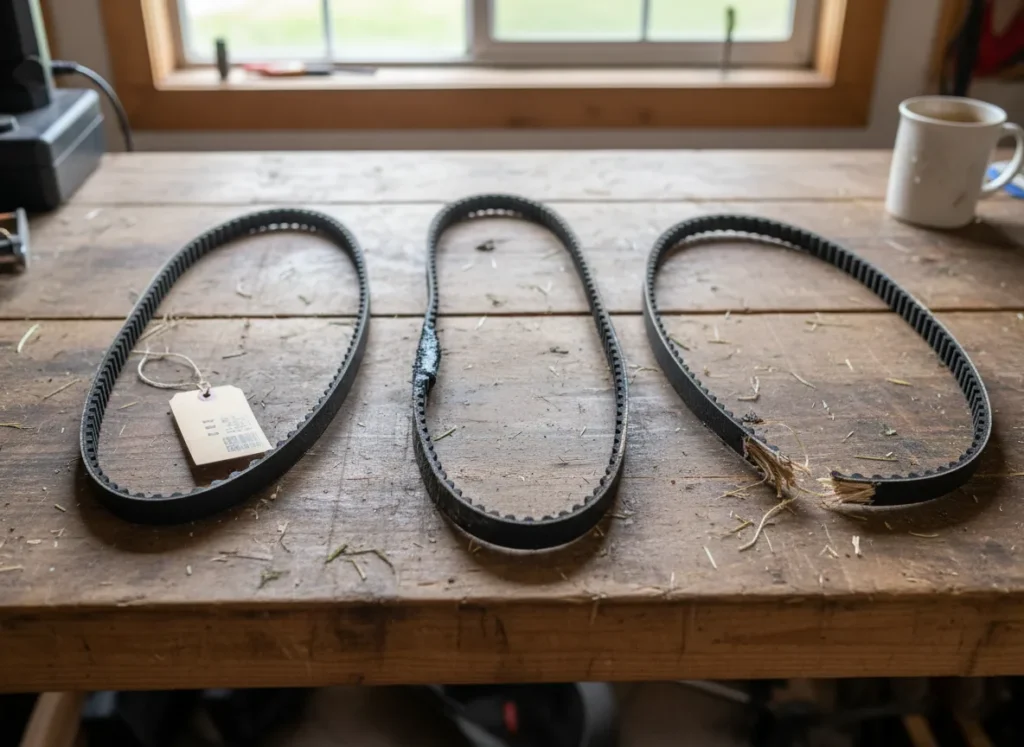 New worn and broken lawn mower belts on workbench