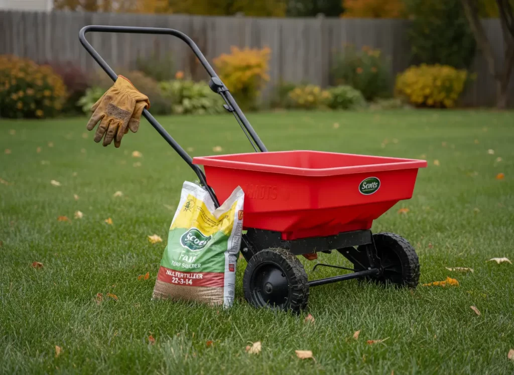 Applying fall fertilizer on lawn with spreader