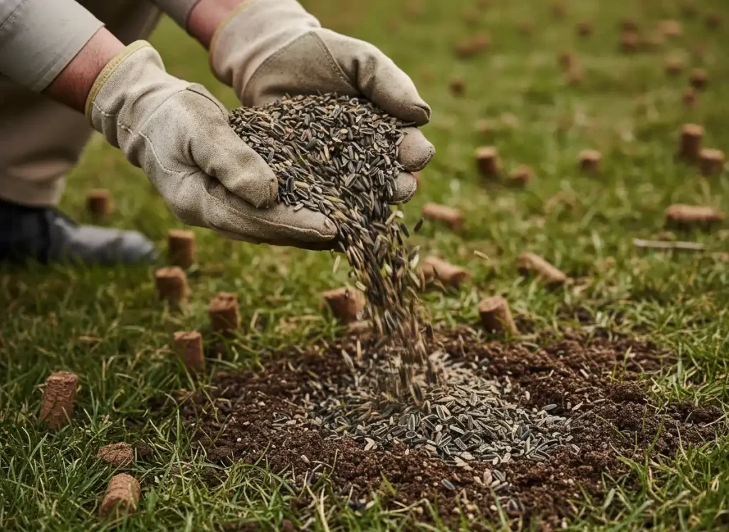 Hand spreading grass seed on aerated lawn in fall