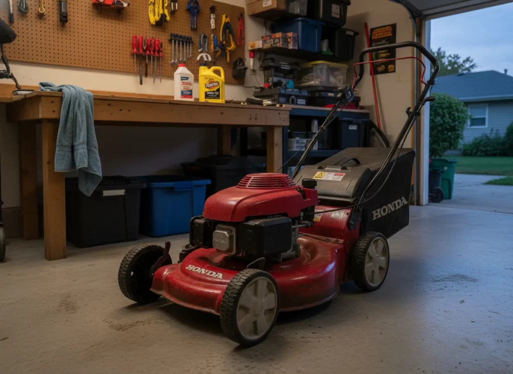 Clean lawn mower prepared for winter storage
