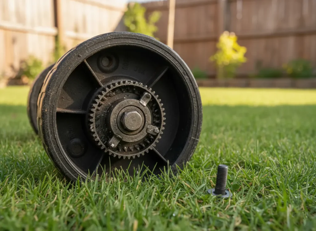Lawn mower wheel removed showing drive gears inside