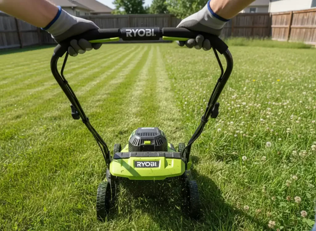 Ryobi 20 inch mower deck during actual lawn cutting