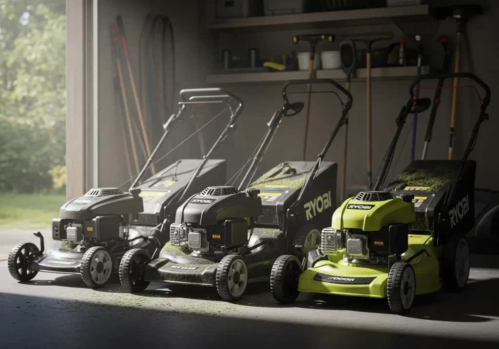Different Ryobi 40V mower models in home garage