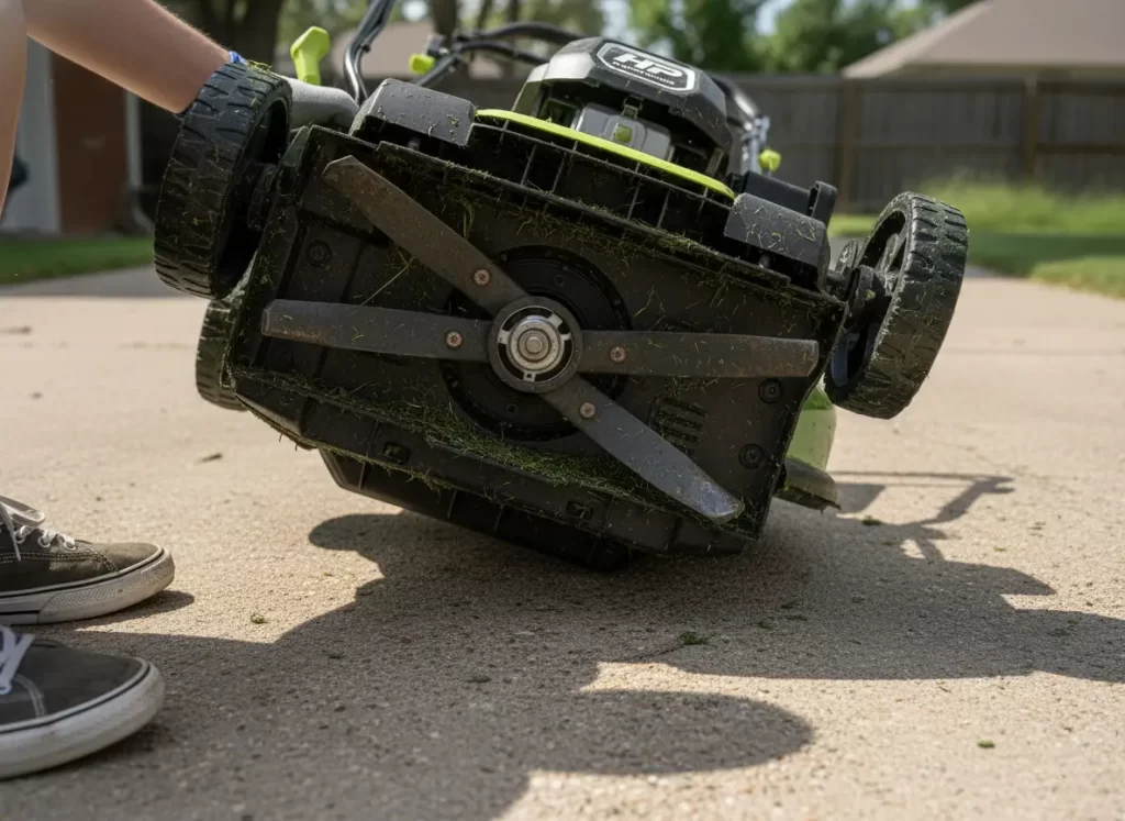 Ryobi crosscut mower showing dual blade setup