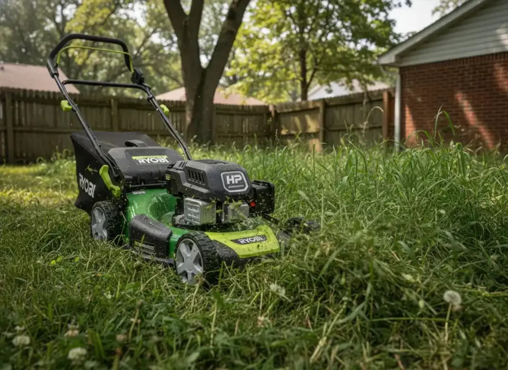 Ryobi HP brushless mower cutting thick grass