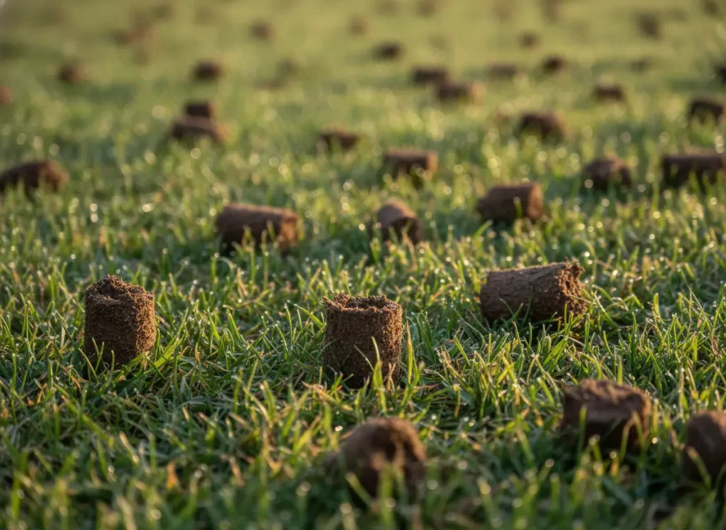 Aeration plugs on grass after fall core aeration
