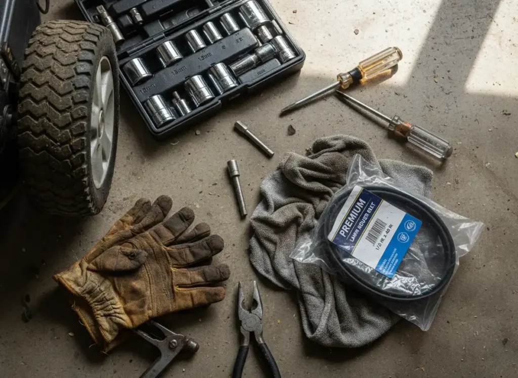 Essential tools for lawn mower drive repair on garage floor