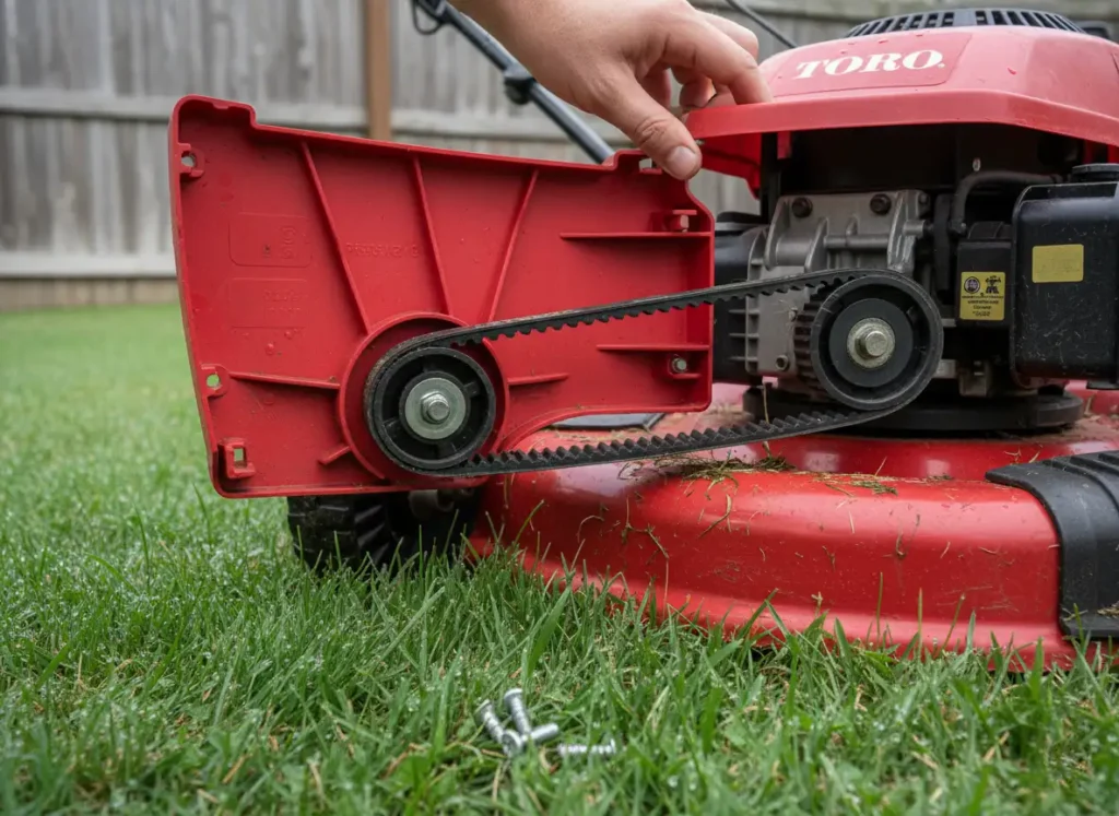 Toro mower with drive cover off showing belt access